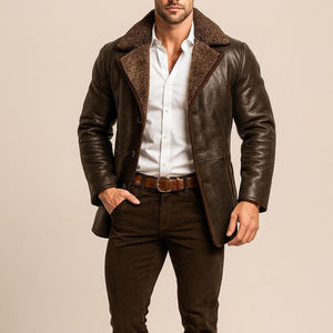Veste en cuir véritable souple de haute qualité en peau de vache, imperméable, avec col en fourrure, coupe ajustée pour homme, manteau décontracté, vêtement d'extérieur en cuir, OEM Front - Product Image 6