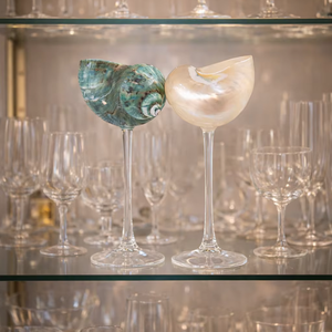 Coupe à cocktail artisanale en coquillage avec pied en verre transparent pour décoration de table, fabriquée au Vietnam - Product Image 1