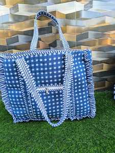Hand Block Printed Cotton Quilted Fashion Bohemian Frill Tote Bag with Two Handles and Open Closure - Product Image 3