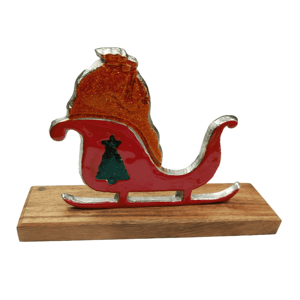 Adorno de mesa contemporáneo Trineo de metal y bolsa de regalos de Navidad con base de madera Decoración de habitación estética moderna - Product Image 1