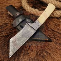 Manche en os de chameau naturel gaine en cuir de vache caché couteau à lame fixe damas fait à la main pour Camping chasse survie EDC