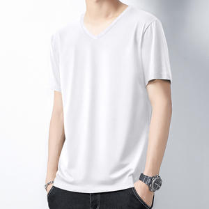 T-shirt pour homme à manches courtes, col en V, coupe ajustée, 100% coton, teint en pièce, couleur unie, respirant, tendance, personnalisable par OEM - Product Image 4