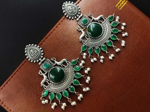 <b>Silver</b> Replica Earring Light Weight Deer Earrings Premium Design Sliver Replica Oxidized Monalisa Stone Casual Party Wear - Product Image 1