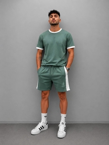 Men's Black T-Shirt and Terry <b>Jogger</b> Set Crew Neck Short Sleeve Casual Summer Outfit <b>White</b> Trim Drawstring Waist Eco-Friendly - Product Image 3