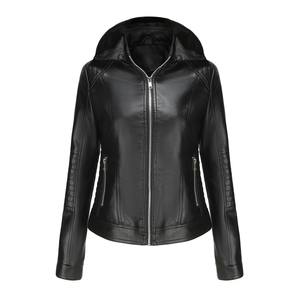 Chaqueta de cuero informal para mujer con capucha desmontable Abrigo ajustado con cremallera con cuello delgado calentado y transpirable - Product Image 1