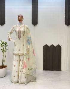 Diseñador indio pakistaní elegante Chinon Plazzo Kurti Set con Organza impresa Duppta para fiesta étnica Diwali Eid Festival Wear - Product Image 5