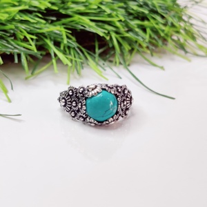 Bague Boho en argent 925 avec pierre turquoise synthétique Design de fleur réglable pour mariage - Product Image 1