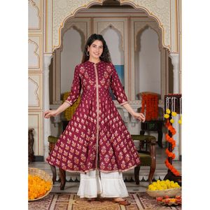 Kurta Anarkali en rayonne marron à imprimé floral, vêtement traditionnel musulman et accessoire, taille XXL-8XL, SKU 1255YKMAROON-XXL - Product Image 1
