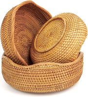 Ensemble de 3 paniers ronds en rotin et en bois tissés à la main God Grace Overseas, logo personnalisé pour la maison, l'hôtel, la restauration