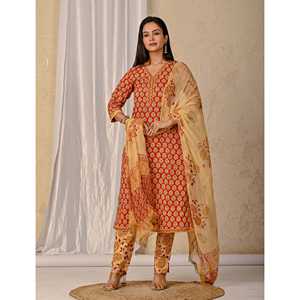 Conjunto de pantalón y kurta Anarkali estilo indio rojo, de algodón estampado Butta Block con tela de red de seda, ropa étnica para fiestas y ocasiones especiales. - Product Image 5