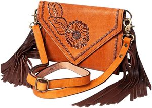 Cartera de cuero tallado a mano con flecos para mujer - Product Image 4
