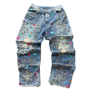 กางเกงยีนส์ขายาวสำหรับผู้ชายกางเกงผ้าเดนิมขาตรงประดับด้วยพลอยเทียมกางเกงซักได้ - Product Image 5