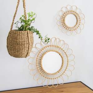 Sunburst <b>Rattan</b> Wall <b>Mirror</b> With Handwoven Boho Decorative Accent - Product Image 3