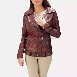 Womens Real Maroon <b>Leather</b> Biker <b>Jacket</b> Asymmetric Zip Lapel Collar Sheepskin Coat Zipper Pockets Slim Fit Custom Outwear Look - Product Image 2