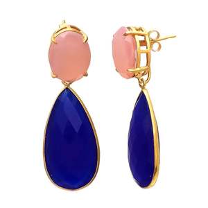Nuevo juego de aretes de piedras preciosas de Calcedonia rosa y zafiro de gota chapada en oro para mujeres y niñas de Jaipur Gems - Product Image 1