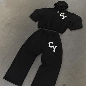 2025 Vintage desgastado ácido lavado 3D para Puff estampado Sudadera con capucha Sun Faded chándal acampanado pantalones de chándal para hombres logotipo personalizado dobladillo crudo - Product Image 3