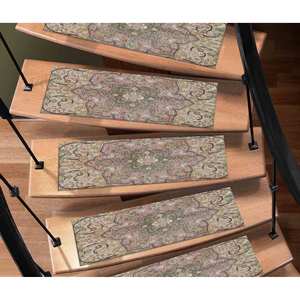 Tapis d'escalier imprimé, design Oushak, motif médaillon, tons doux, moderne, gobelin - Product Image 1