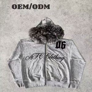 Felpa <span class=keywords><strong>con</strong></span> Cappuccio di Lusso <span class=keywords><strong>con</strong></span> Bordo in Pelliccia e Stampa Personalizzata, Felpa <span class=keywords><strong>con</strong></span> Zip in Velluto Pesante Effetto Lavaggio Acido per Brand di Alta Moda - Product Image 1