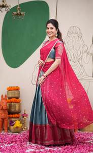 Women <b>Red</b> <b>Silk</b> Lehenga Saree with Embroidered Blouse Party Wear Traditional Outfit - Product Image 4