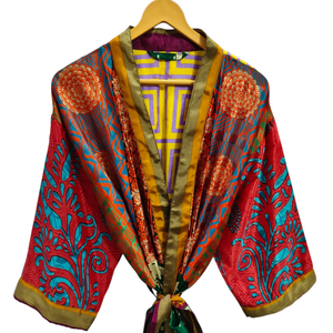 ชุดกิโมโนเย็บปะติดปะต่อกันชุดคลุมบิกินี่เสื้อคลุมยาวสำหรับใส่กลางคืนทำด้วยมือสไตล์วินเทจผ้าไหมส่าหรี - Product Image 1