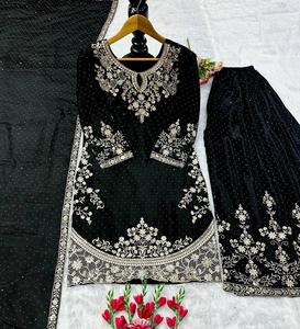 ชุดปาร์ตี้ผ้าไหมไชน็อนชุดปาเลสโซปักลายและโมติเสื้อใส่ทำงานหนักด้วย Palazzo & Moti และสี่ด้านลูกไม้ dupatta - Product Image 6