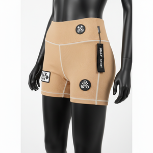 กางเกงขาสั้นออกกำลังกายผู้หญิง คุณภาพสูง 245 GSM ผ้าริบถัก โพลีเอสเตอร์ สแปนเด็กซ์ สีเบจ แต่งแถบปักโลโก้ ทรงบู้ตี้ - Product Image 4