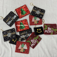 Dompet Koin Kanvas Natal Merah dengan Manik-Manik dan Ritsleting, Tas Penyimpanan Mini Bergaya untuk Liburan, untuk Wanita, untuk Koin dan Kartu