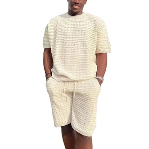 High Quality Men Causal Sporty Ribbed <b>Knit</b> Short <b>Set</b> 280GSM Cotton Blend Soft Stretch Fabric Summer Outfit OEM Custom Supplier - Product Image 1