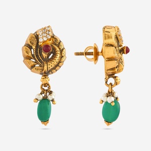 Boucles d'oreilles pendantes en argent style temple, vintage, or 18 carats avec diamant taille princesse serti clos, motif floral, modèle 188180 - Product Image 4