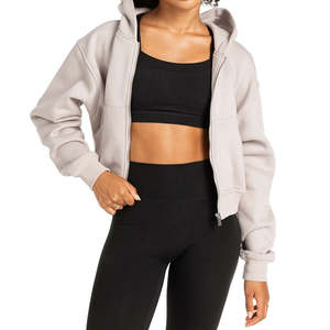 Sweat-shirts courts surdimensionnés à col montant pour femmes, pull-over en polaire éponge française 100% coton, sweat à capuche zippé de couleur unie - Product Image 2