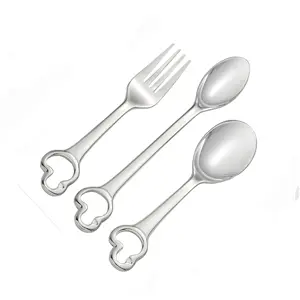 Heart Shaped Handle Metal Wholesale Bulk Quantity Stainless Steel Silver Cutlery Spoons and Fork Reusable Flatware Set for Baby