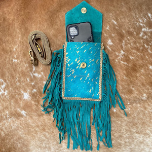 Cheveux faits à la main sur peau de vache métallique Turquoise frange femmes bandoulière Mobile sac Western en cuir véritable Concho téléphone portable sac à main - Product Image 6