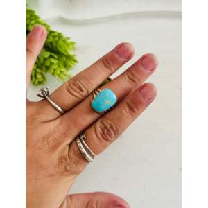 Southwest Kingman Turquoise & Sterling <b>Silver</b> Boho <b>Statement</b> <b>Ring</b> Emerald Cut Gemstone Size 7.5 for Everyday Wear - Product Image 2
