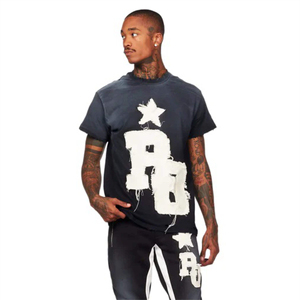 Ensemble t-shirt et pantalon pour homme en coton décontracté avec broderie usée, imprimé graphique noir, étoile et numéro, streetwear deux pièces - Product Image 1