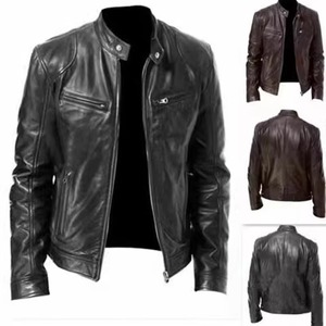 Chaqueta de Cuero para Hombre, Corte Entallado, Cuello Alto, Chaqueta de PU, Cortavientos, Estilo Motociclista, Cierre Diagonal, Chaquetas para Hombre - Product Image 2