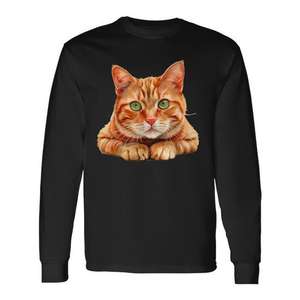 Camiseta Vintage de Manga Larga para Amantes de los Gatos, Gato Naranja Tabby con Ojos Verdes para Uso Promocional - Product Image 1