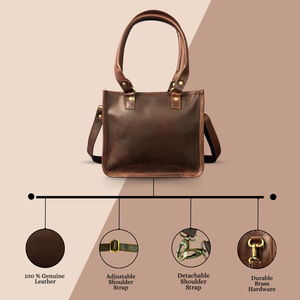 Fourre-tout en cuir véritable marron pour femmes, léger et durable, avec fermeture à glissière et double sangles. - Product Image 4