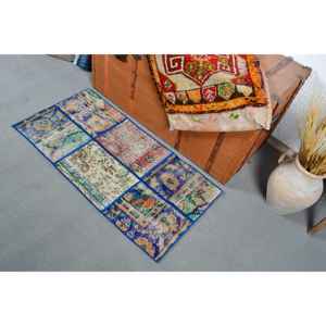 Alfombra Turca Vintage, Alfombra de 1.6x3.3 pies, Alfombra de Lana Abstracta Azul y Roja - Product Image 3