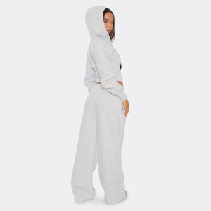 100% coton gris chiné femmes cordon taille 2 pièces survêtement ensemble sweat à capuche et pantalons de survêtement pleine longueur 2 pièces femmes survêtement ensemble - Product Image 2