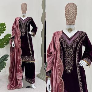 Viskose Samt Schwere Sequenz Besticktes Arbeits oberteil und Palazzo Dupatta Kaufen Sie neues Design Helle Farbe Langarm Hochzeit Wear Look - Product Image 1
