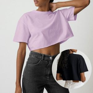 Camiseta Deportiva Corta de Algodón 100% para Mujer, Estilo Holgado con Hombros Caídos, Fabricante de Camisetas Cortas para Mujer - Product Image 1