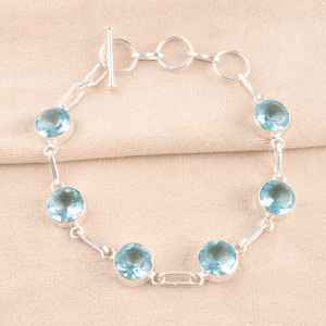Bleu aigue-marine pierres précieuses lunette ensemble 925 en argent Sterling lien Bracelet à la main chrétien mariage fête bijoux cadeau en gros - Product Image 3