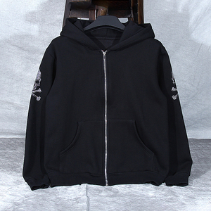 Men's Vintage Zipper-Up 100% Cotton Custom Fabric heavyweight Front Logo Rhinestone Embellishment baggy hoodie - Product Image 3