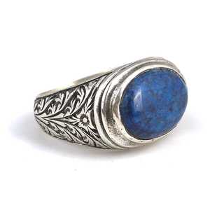 14k Rhodium-Plated Platinum Oval <b>Ring</b> with Pear-Cut Lapis Lazuli for Men - Product Image 1