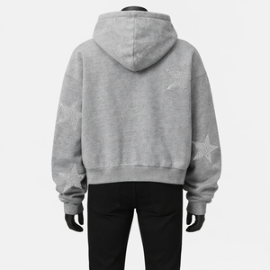 Sudadera con capucha y cremallera completa de forro polar oversize con estampado de estrellas de diamantes de imitación y cristales brillantes, estilo streetwear gris para hombre, al por mayor - Product Image 2