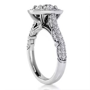 Bague de fiançailles de mariage en or blanc massif 14K Original Halo Set Three Side Pave Moissanite Diamond Fine Rings - Product Image 2