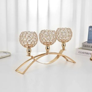 Candélabre de table de mariage en cristal à trois tasses, tige de boules dorées pour la décoration de la maison de mariage - Product Image 6