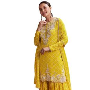 Conjunto Chinon Sharara estampado amarillo brillante con corte Dana y lentejuelas Fiesta vibrante y ceremonia de boda Traje Kurti - Product Image 3