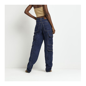 Jeans en denim bleu foncé pour femmes pleine longueur pantalon droit cargo ample à six poches pantalon en jean de style décontracté pour femmes - Product Image 6