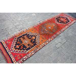 Vintage Turkish Rug, 2.8x10 ft <b>Runner</b> Rug, <b>Red</b> Blue Bordered Wool Rug - Product Image 3
